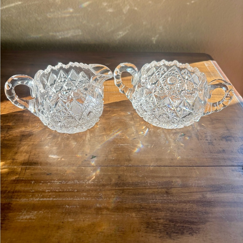 American Brilliant Period ABP Style Cut Crystal Glass Creamer Sugar Bowl Set
